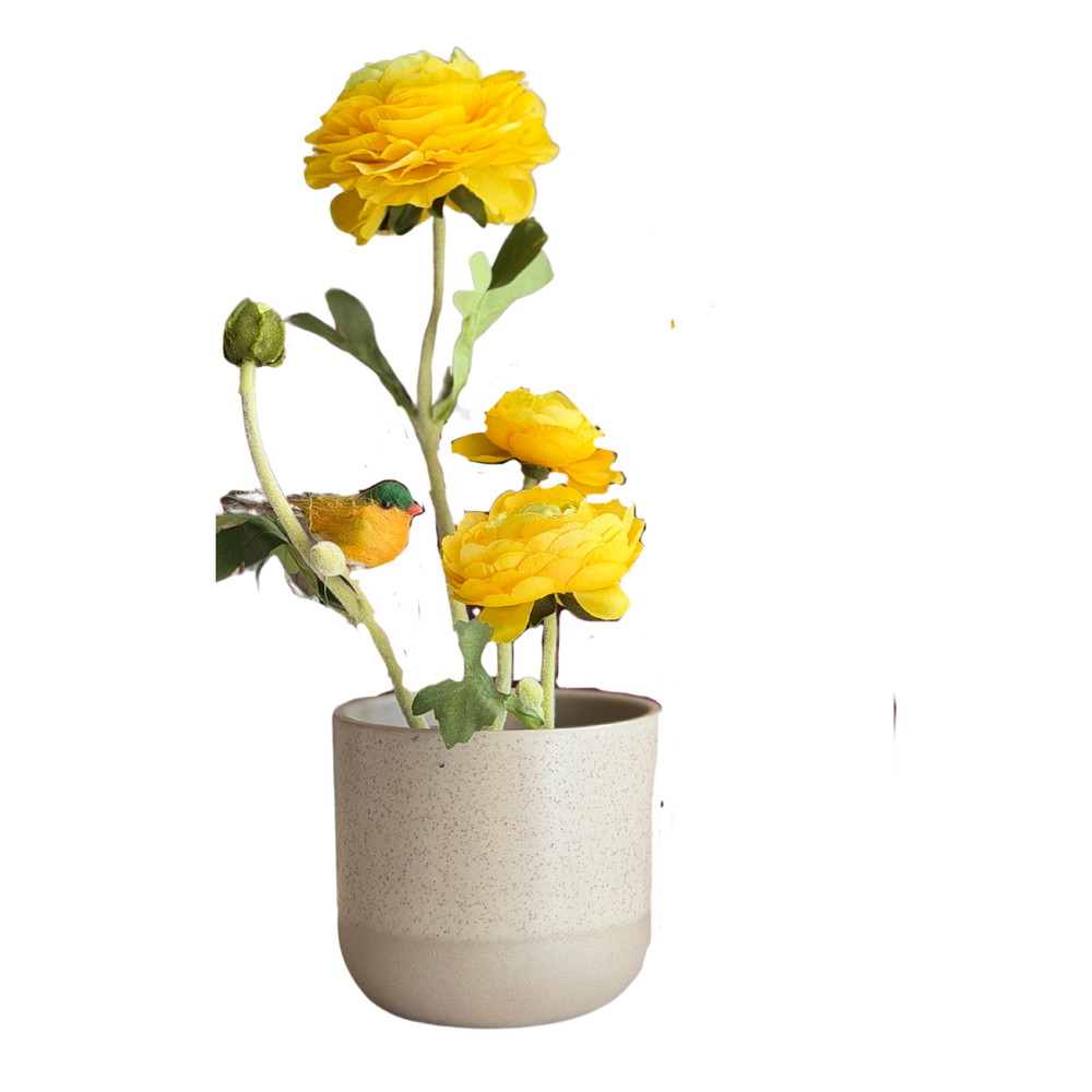 RANÚNCULO AMARILLO CON PAJARITO EN FLORERO