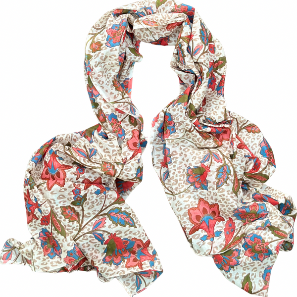 PAÑUELO LARGO DE ALGODÓN  FLEURS MARRON CLAIR